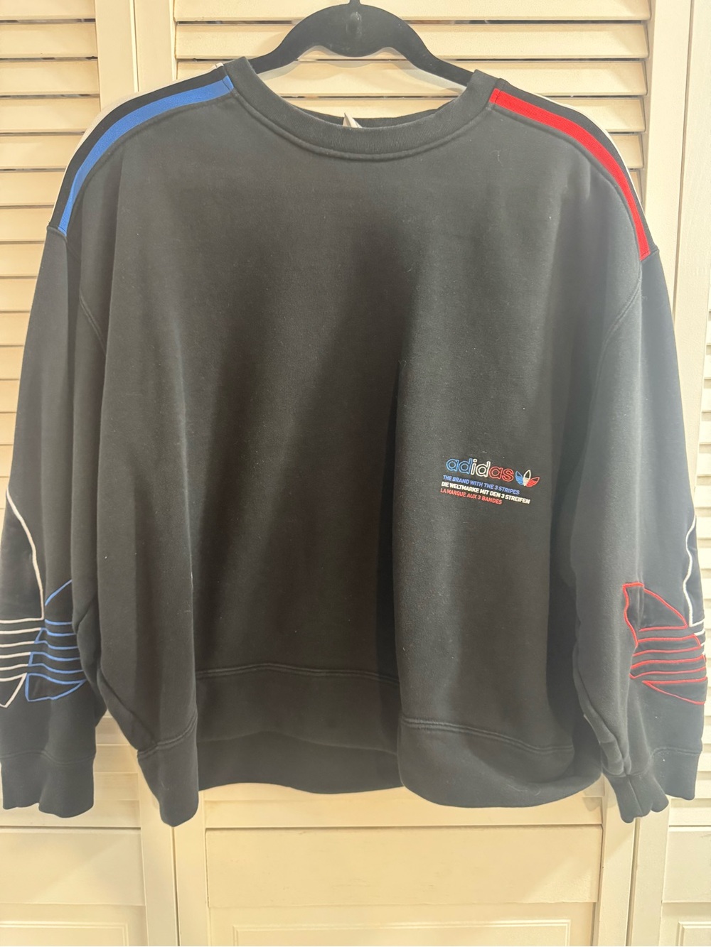 adidas Black Crewneck Sweater with Red & Blue Trim